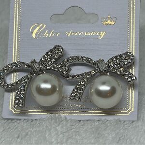 Chloe Accessory Faux Pearl and Rhinestone Sparkling Holiday Party Bow Earrings